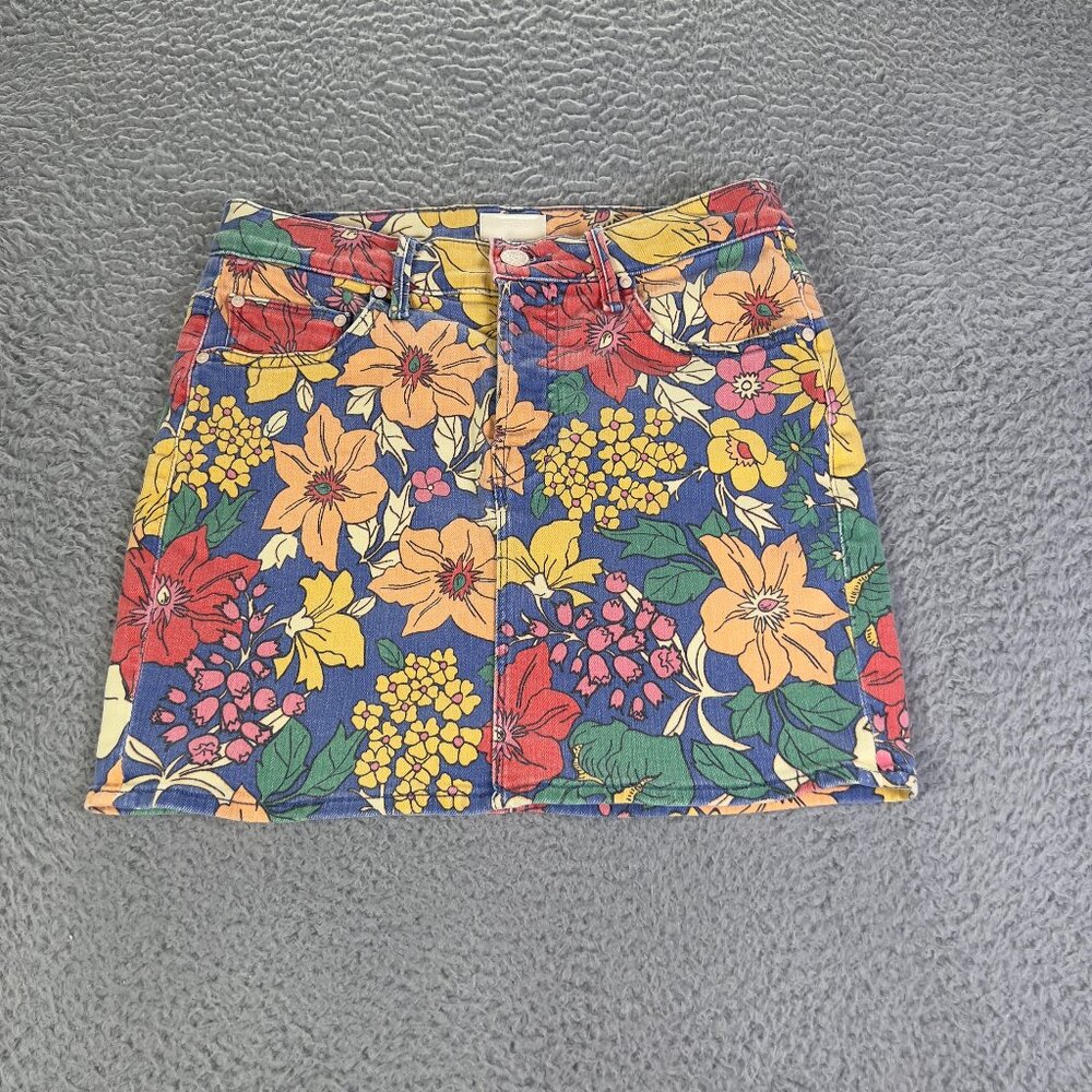 Mother The Vagabond Mini Skirt Womens 24 Floral Denim Pockets Button Fly Preppy